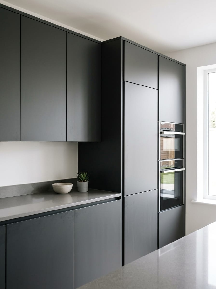 Tall view of full-height bespoke kitchen cabinetry, timber veneer slab-door cabinetry