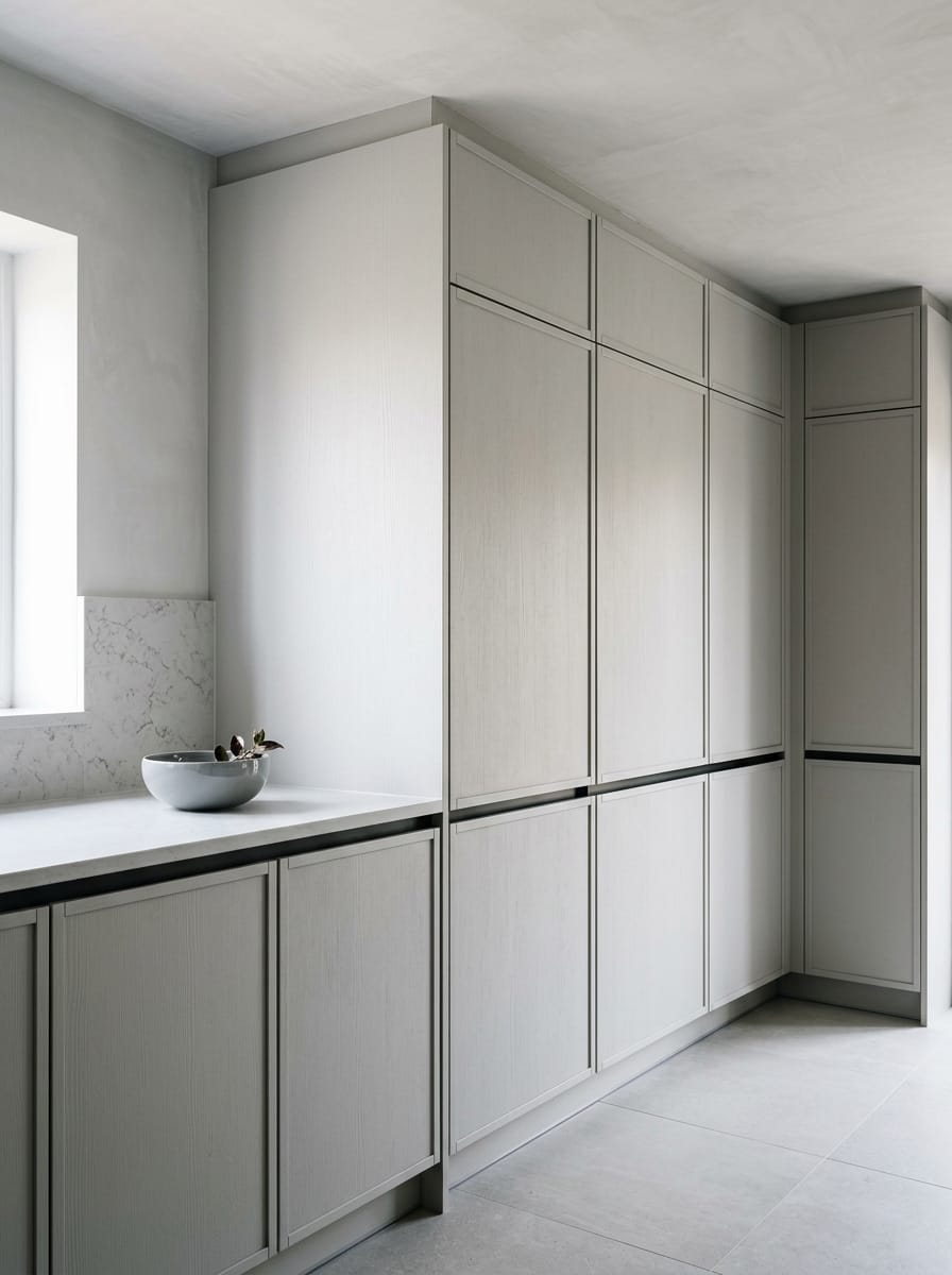 portrait1_600x800-191 Tall view of full-height bespoke kitchen cabinetry, matt painted handleless slab cabinetry