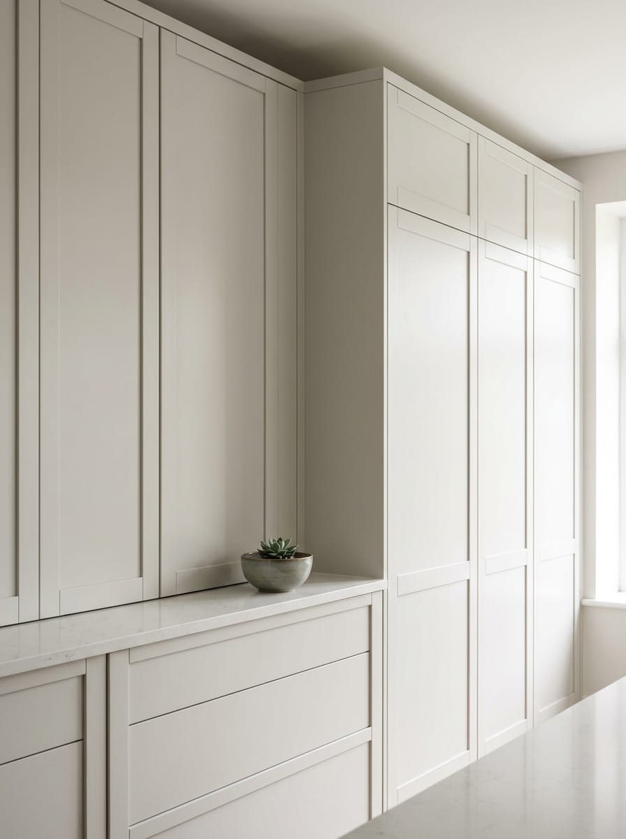 Tall view of full-height bespoke kitchen cabinetry, modern shaker cabinetry