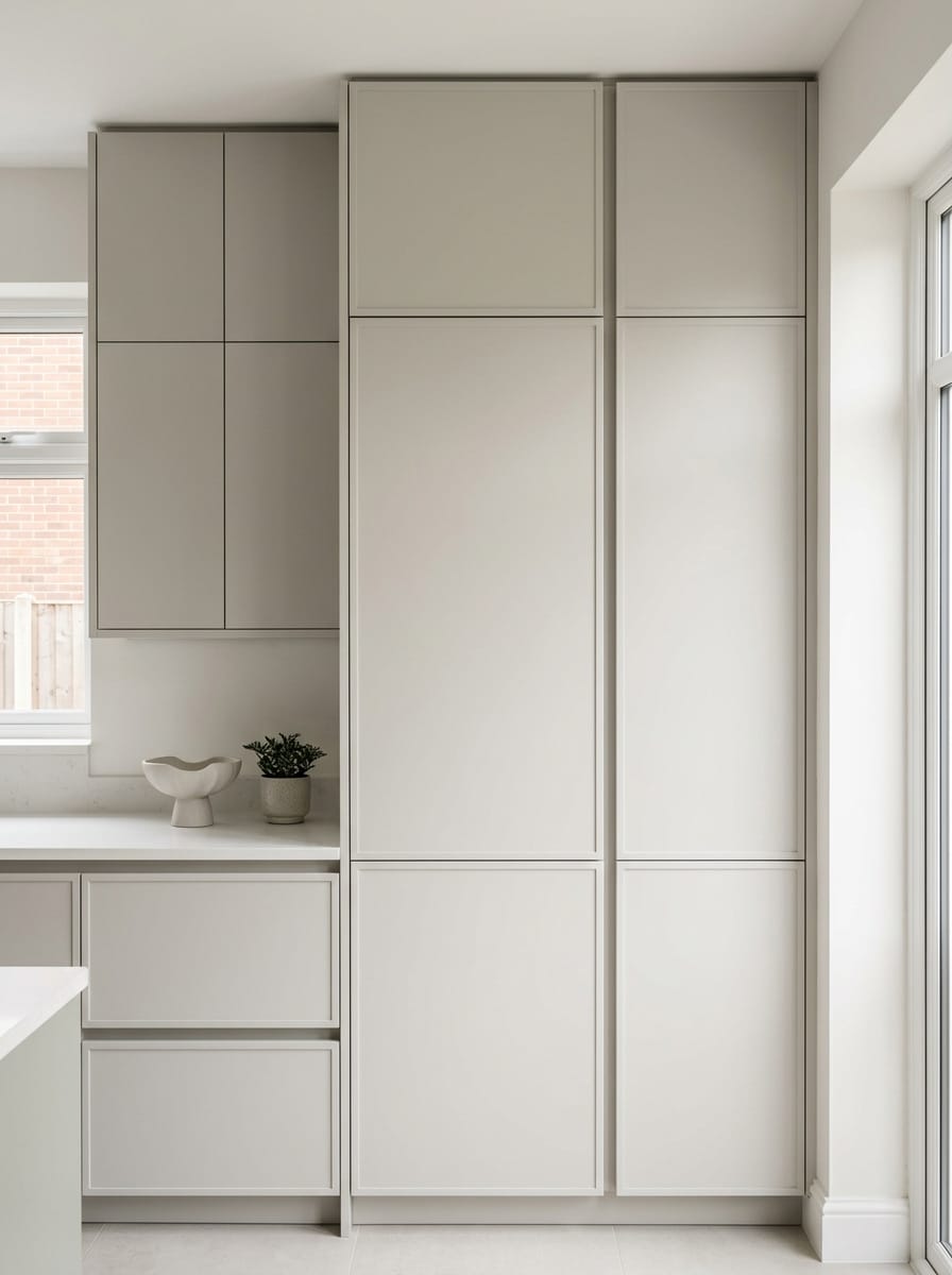 Tall view of full-height bespoke kitchen cabinetry, contemporary painted lay-on cabinetry