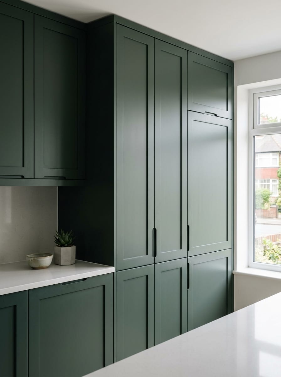 Tall view of full-height bespoke kitchen cabinetry, timber veneer slab-door cabinetry