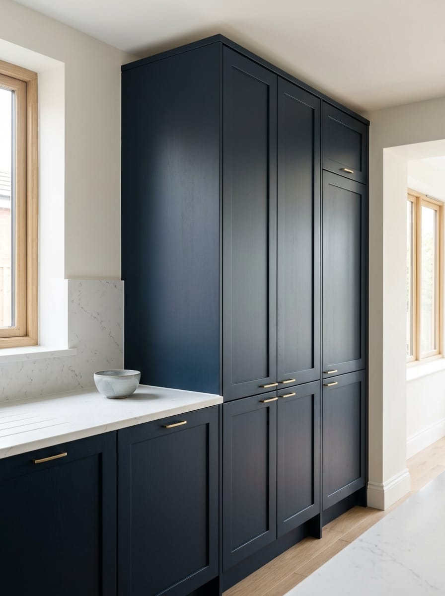 Tall view of full-height bespoke kitchen cabinetry, modern shaker cabinetry