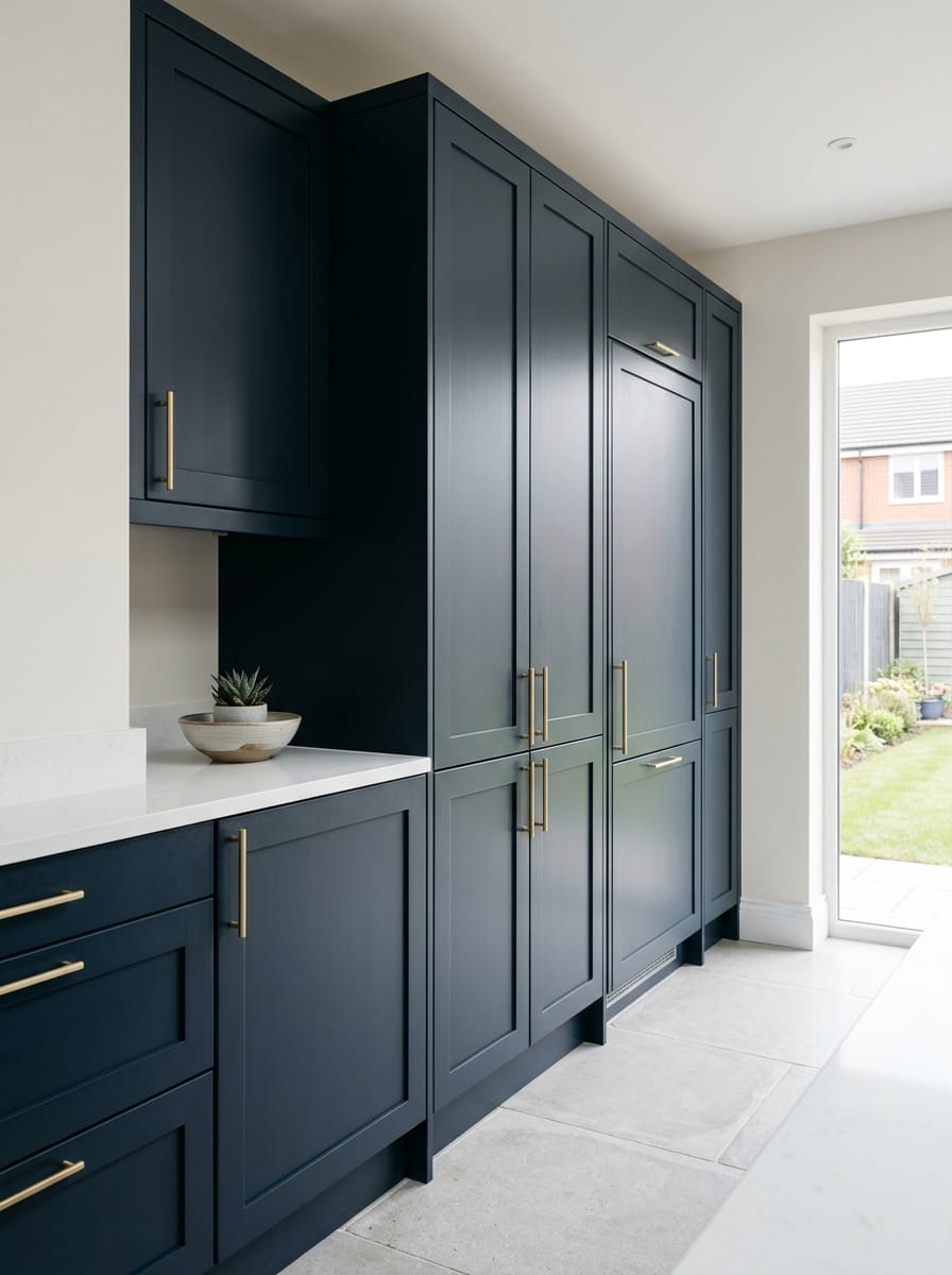 Tall view of full-height bespoke kitchen cabinetry, contemporary in-frame cabinetry