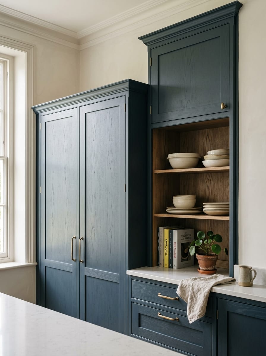 dark blue shaker-style cupboards with open wooden shelving and cream crockery