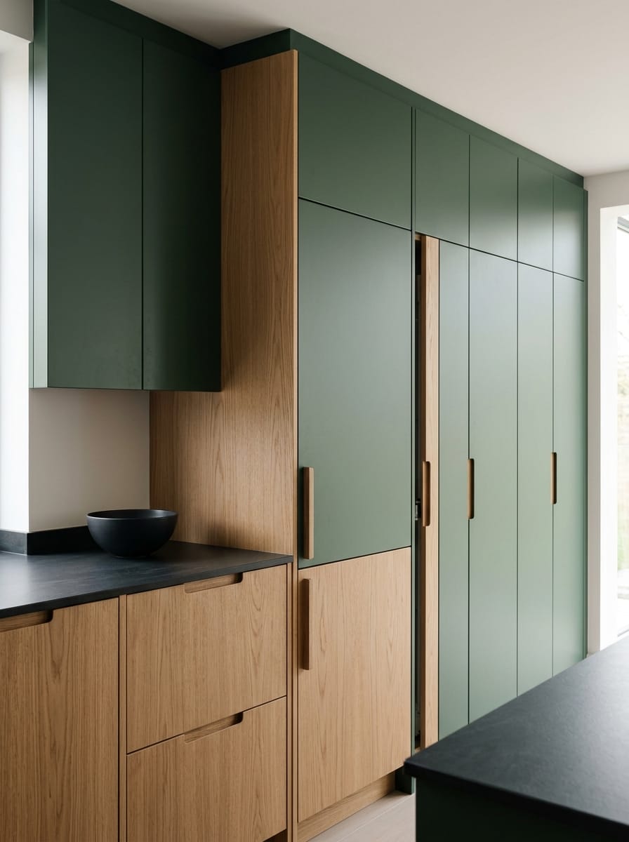 Tall view of full-height bespoke kitchen cabinetry, matt painted handleless slab cabinetry