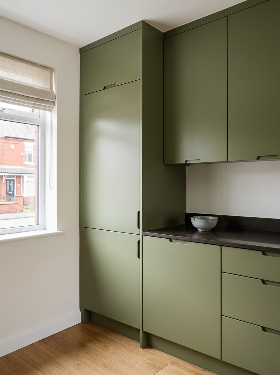 Tall view of full-height bespoke kitchen cabinetry, modern shaker cabinetry