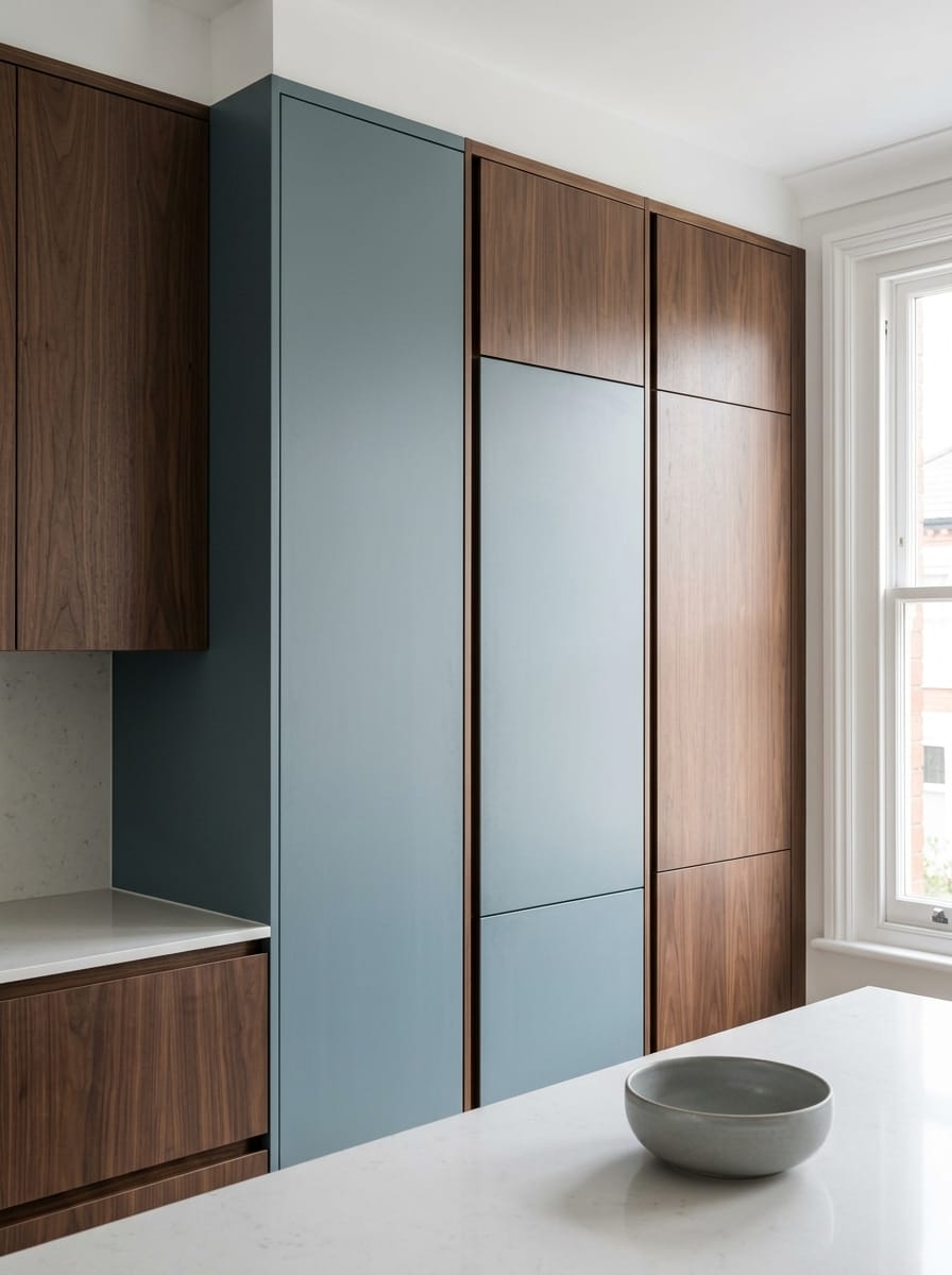 Tall view of full-height bespoke kitchen cabinetry, contemporary in-frame cabinetry