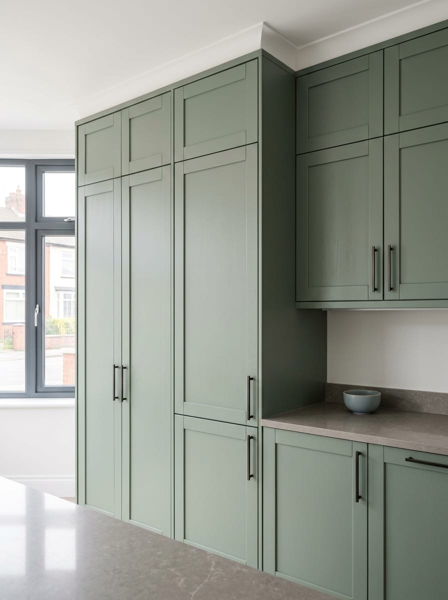 Tall view of full-height bespoke kitchen cabinetry, modern shaker cabinetry