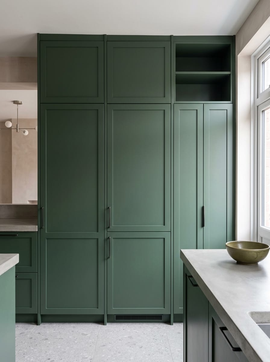 portrait1_600x800-205 Tall view of full-height bespoke kitchen cabinetry, matt painted handleless slab cabinetry