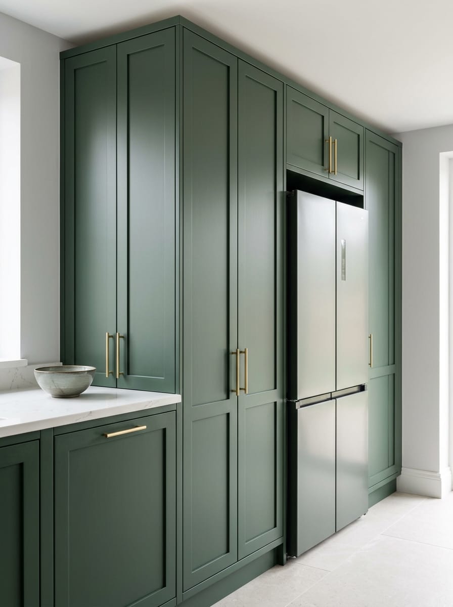 Tall view of full-height bespoke kitchen cabinetry, timber veneer slab-door cabinetry