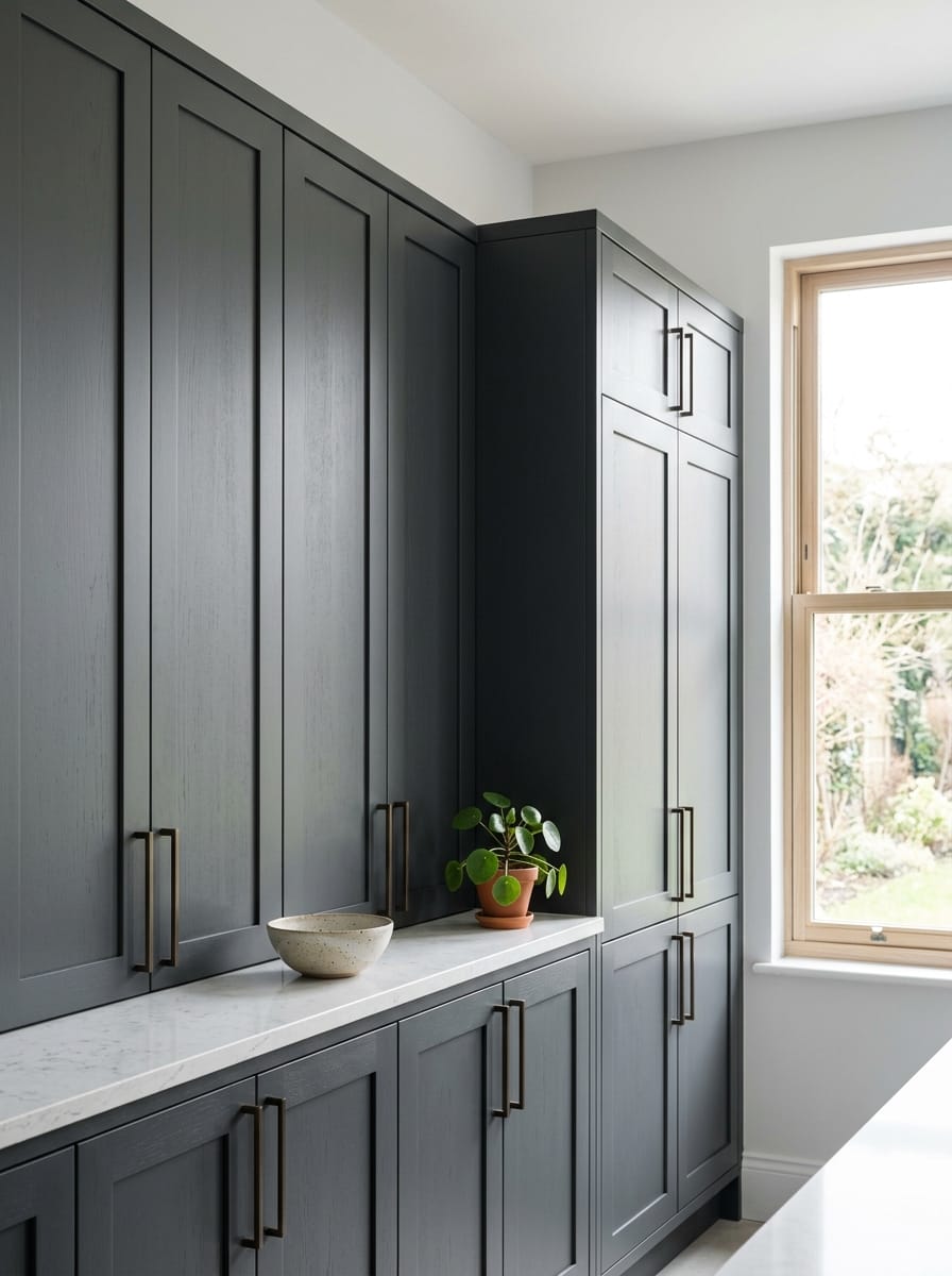 Tall view of full-height bespoke kitchen cabinetry, contemporary painted lay-on cabinetry