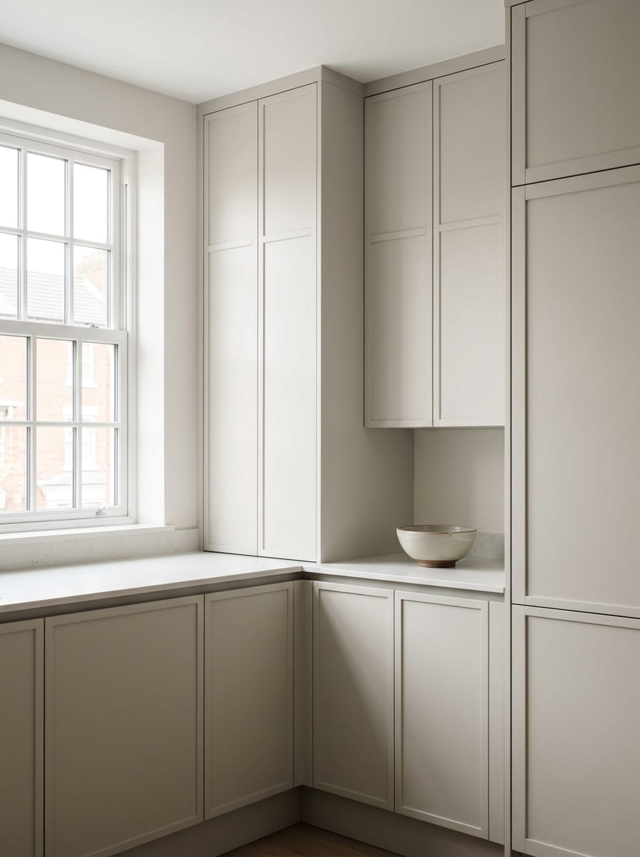 Tall view of full-height bespoke kitchen cabinetry, matt painted handleless slab cabinetry
