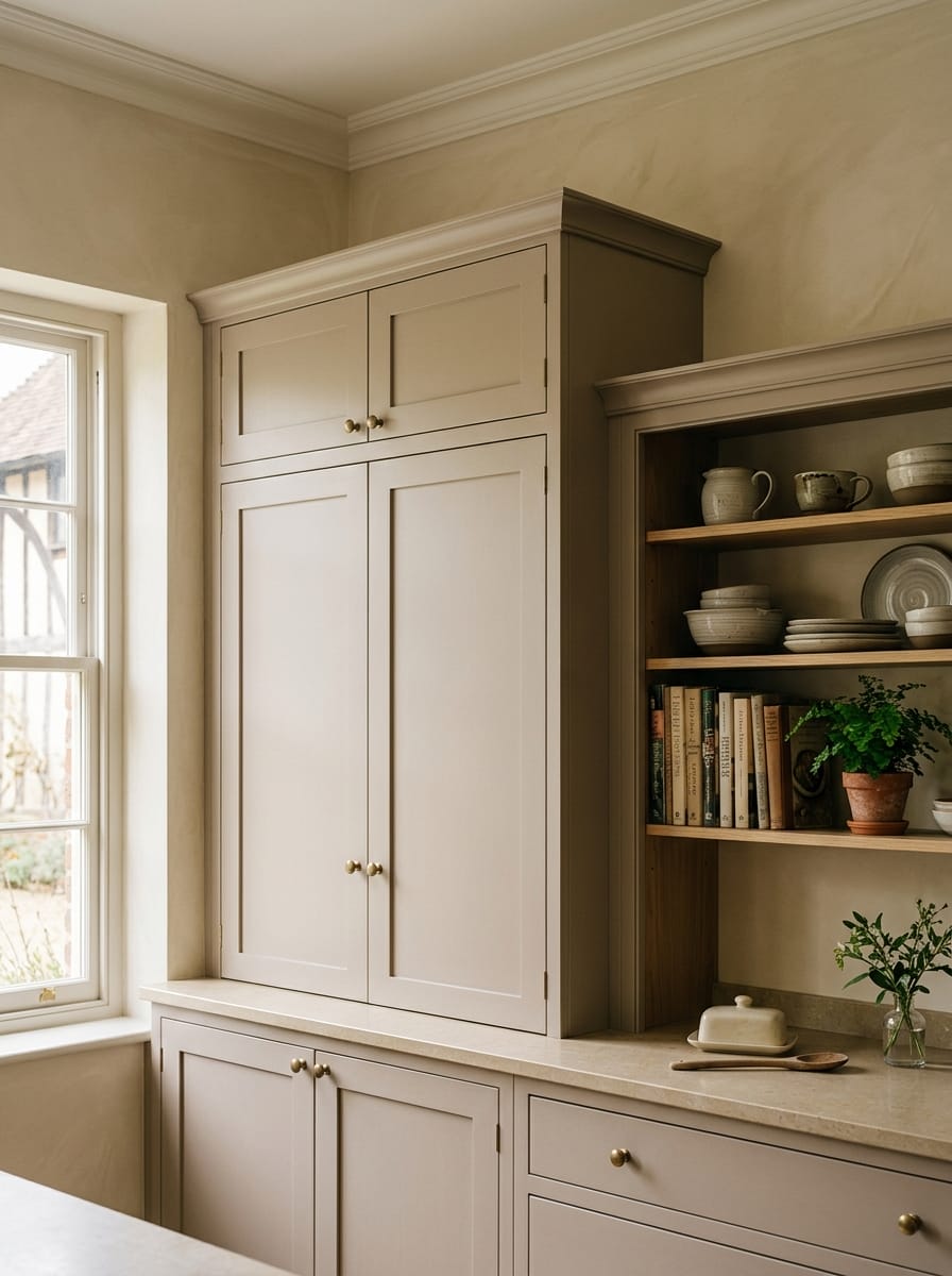 portrait1_600x800-21 matte taupe cupboards with brass knobs and open shelving displaying crockery and books
