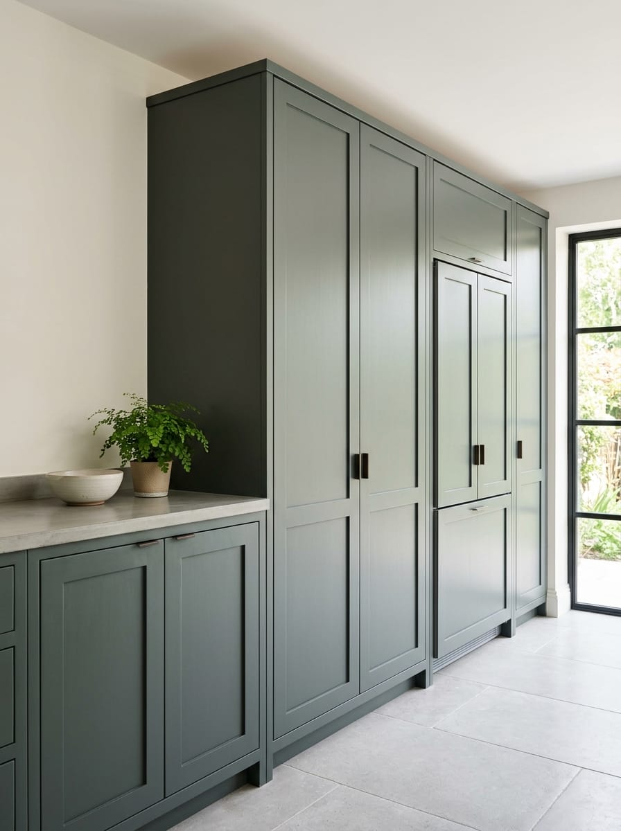 Tall view of full-height bespoke kitchen cabinetry, contemporary painted lay-on cabinetry