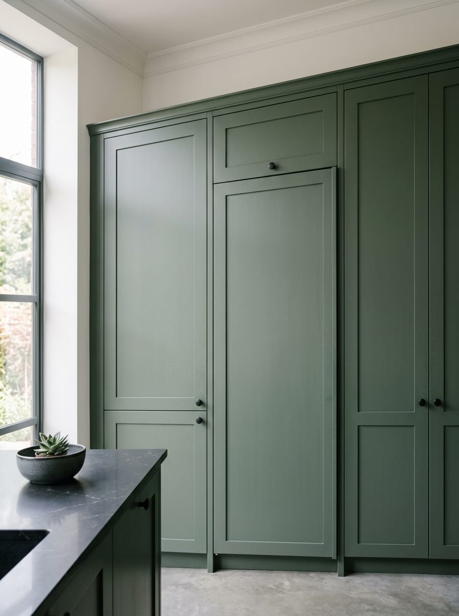 Tall view of full-height bespoke kitchen cabinetry, contemporary painted lay-on cabinetry