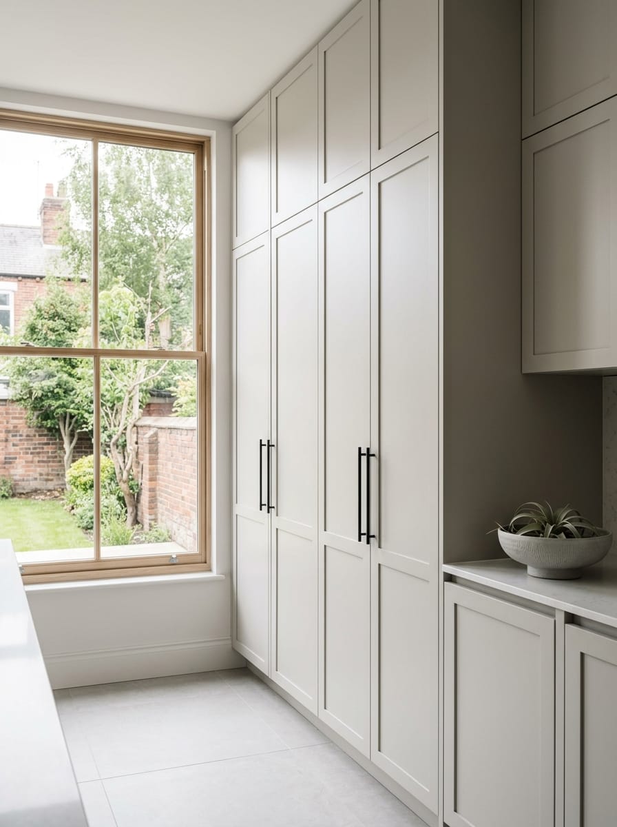 Tall view of full-height bespoke kitchen cabinetry, matt painted handleless slab cabinetry