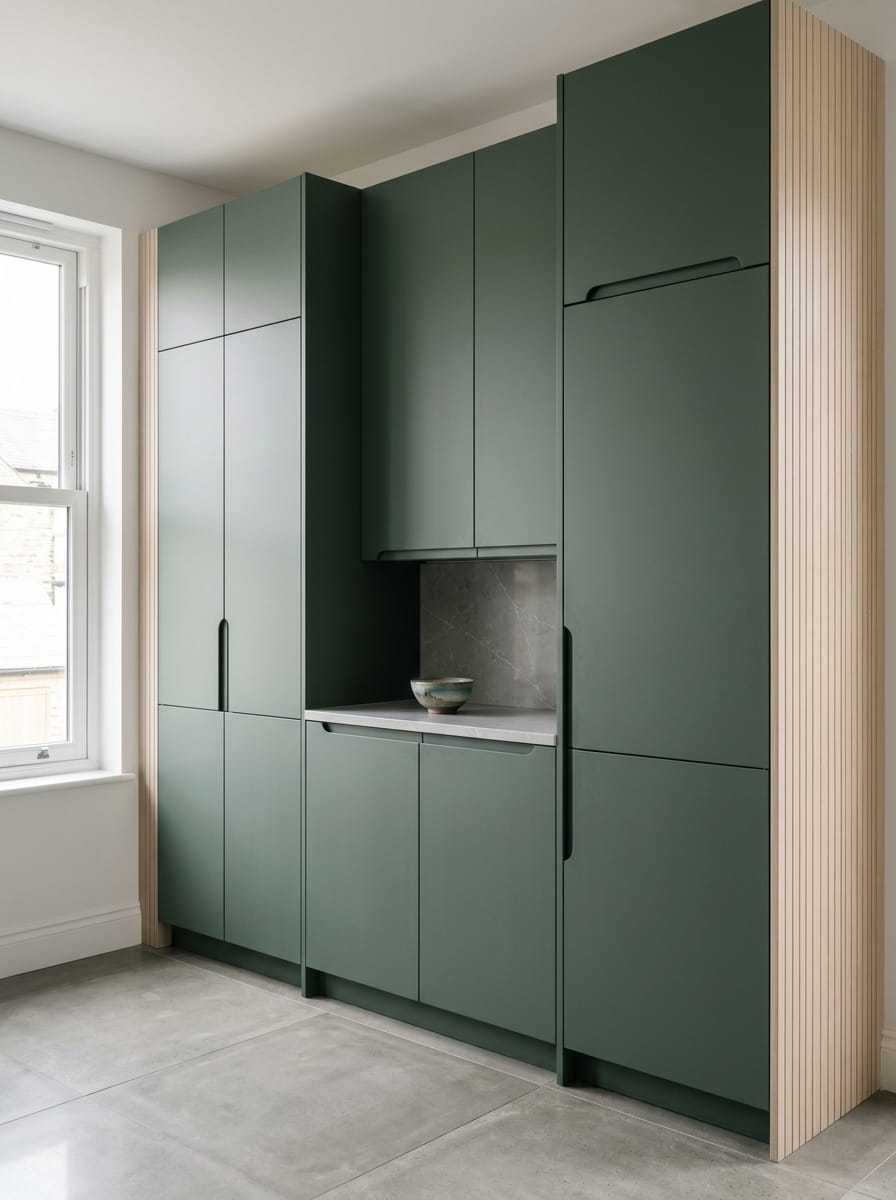 portrait1_600x800-217 Tall view of full-height bespoke kitchen cabinetry, matt painted handleless slab cabinetry