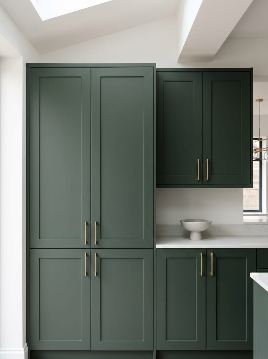 Tall view of full-height bespoke kitchen cabinetry, matt painted handleless slab cabinetry