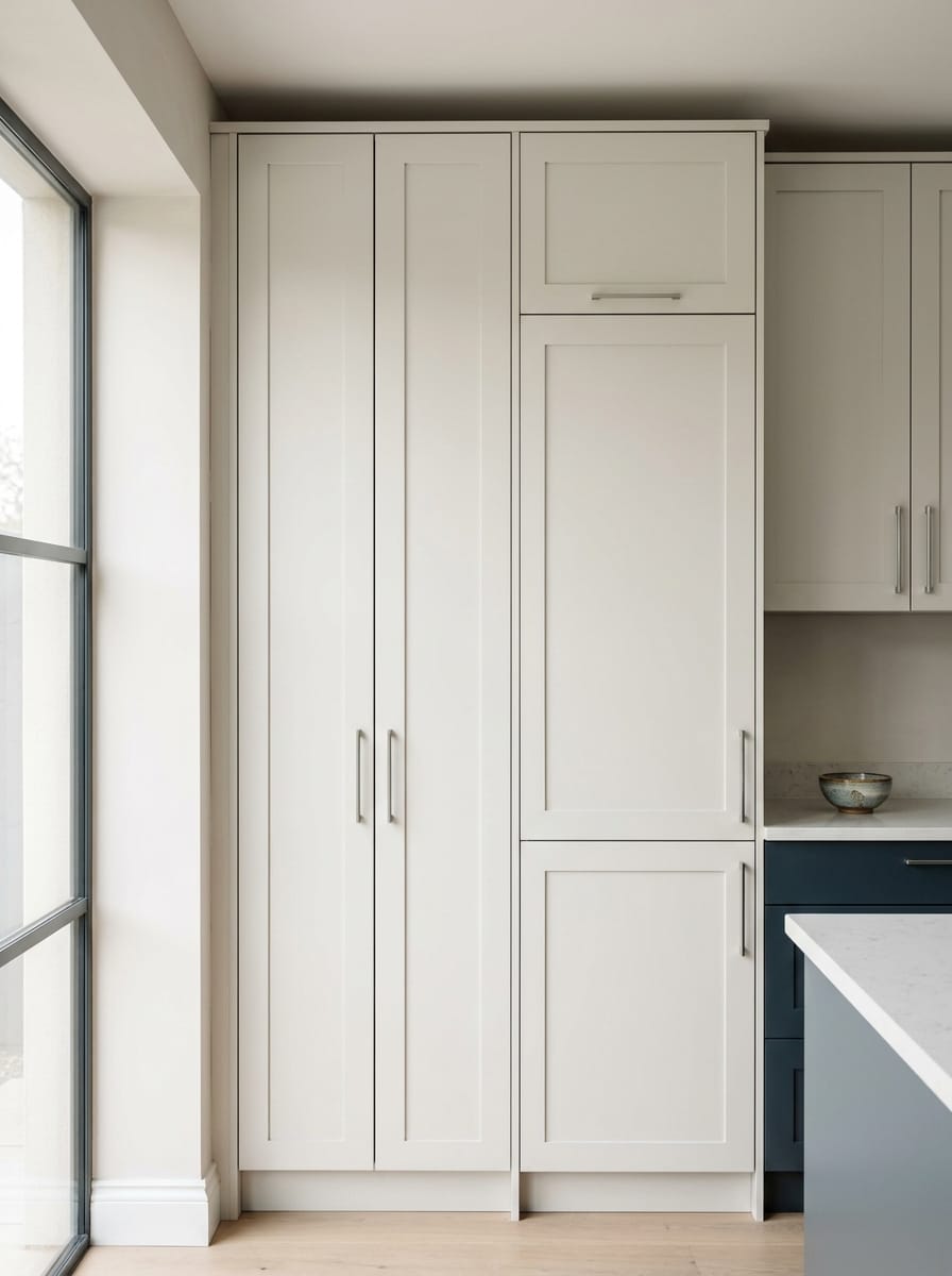 Tall view of full-height bespoke kitchen cabinetry, timber veneer slab-door cabinetry