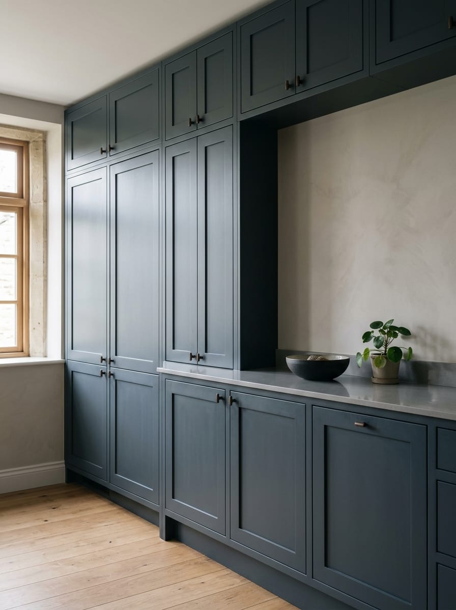Tall view of full-height bespoke kitchen cabinetry, matt painted handleless slab cabinetry