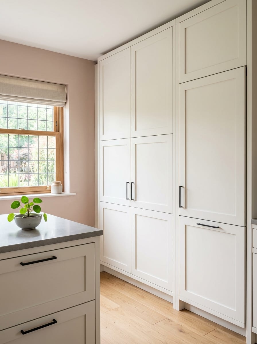 Tall view of full-height bespoke kitchen cabinetry, contemporary painted lay-on cabinetry