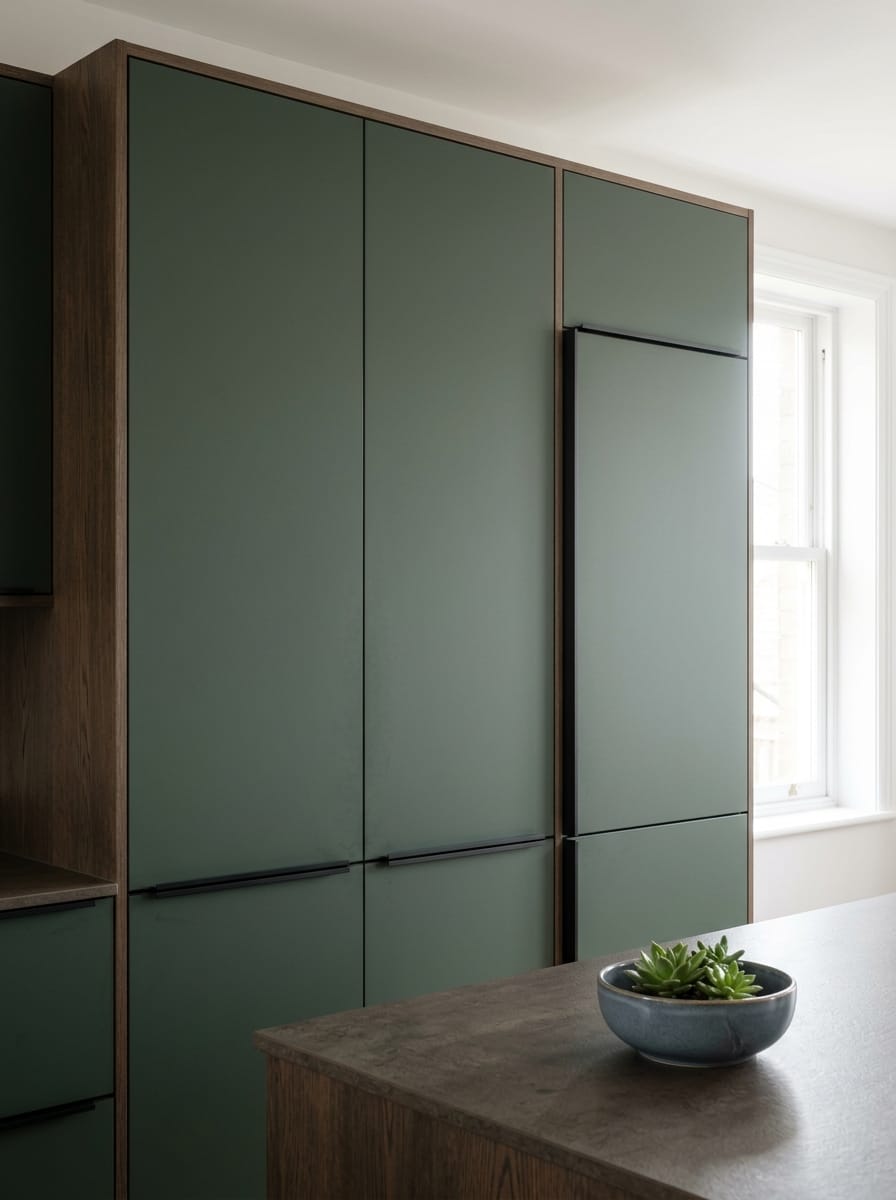 Tall view of full-height bespoke kitchen cabinetry, matt painted handleless slab cabinetry
