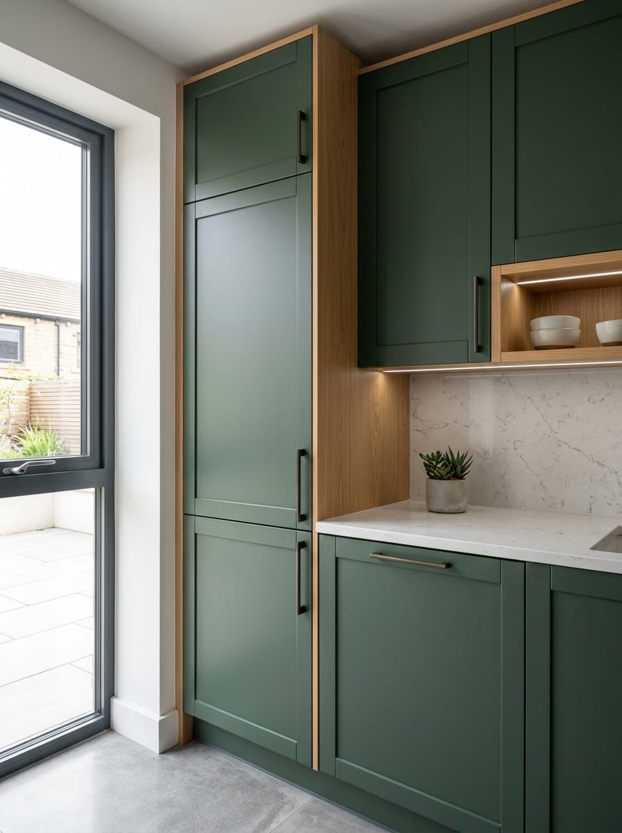 Tall view of full-height bespoke kitchen cabinetry, timber veneer slab-door cabinetry