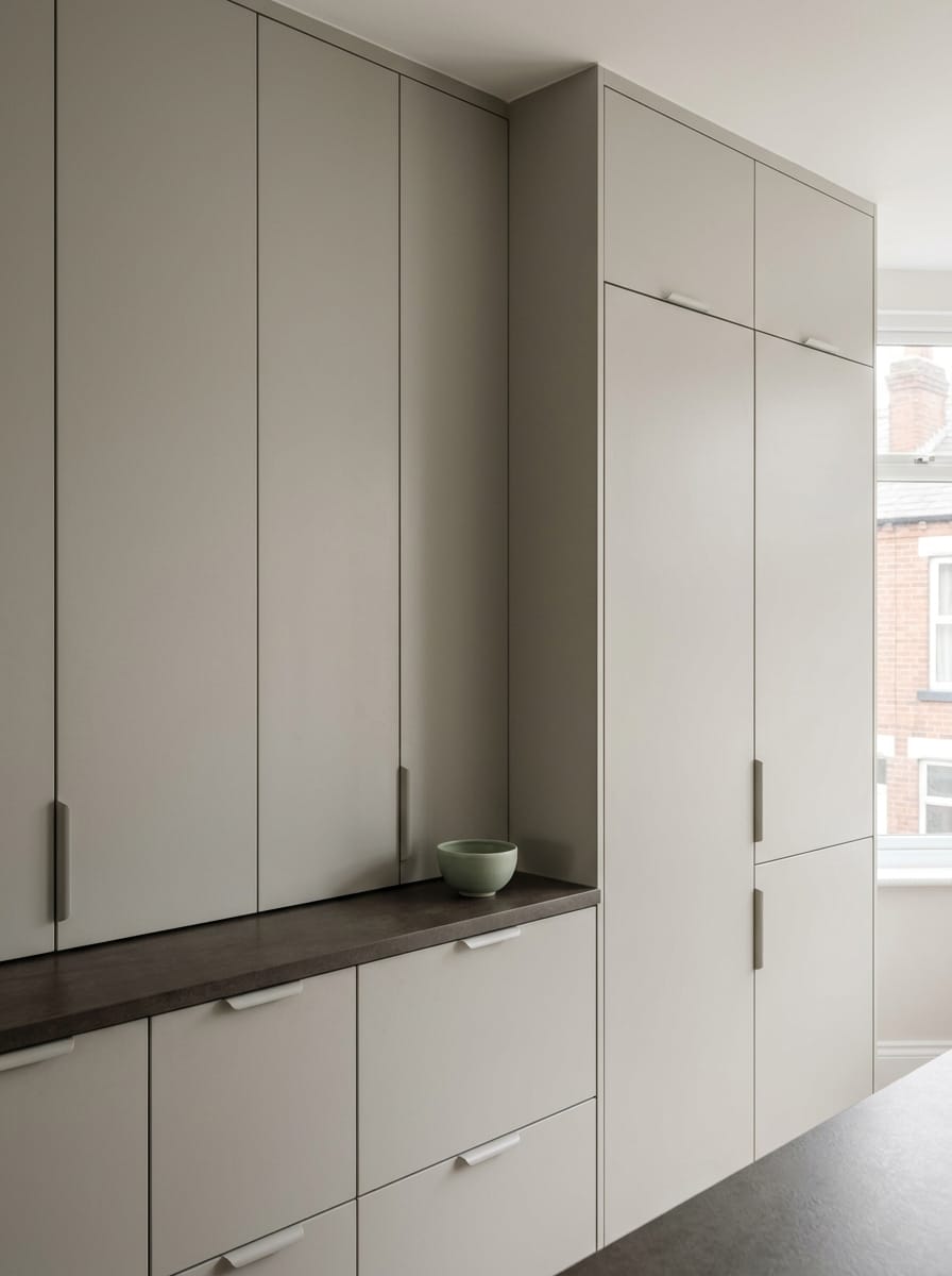 Tall view of full-height bespoke kitchen cabinetry, modern shaker cabinetry