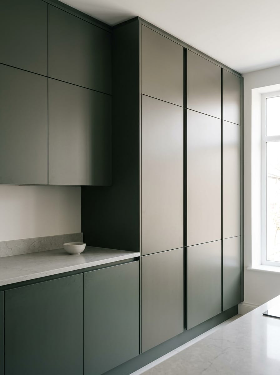 Tall view of full-height bespoke kitchen cabinetry, timber veneer slab-door cabinetry