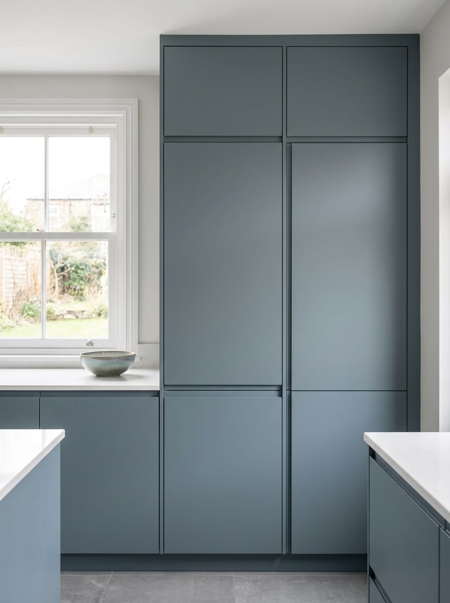 Tall view of full-height bespoke kitchen cabinetry, contemporary painted lay-on cabinetry