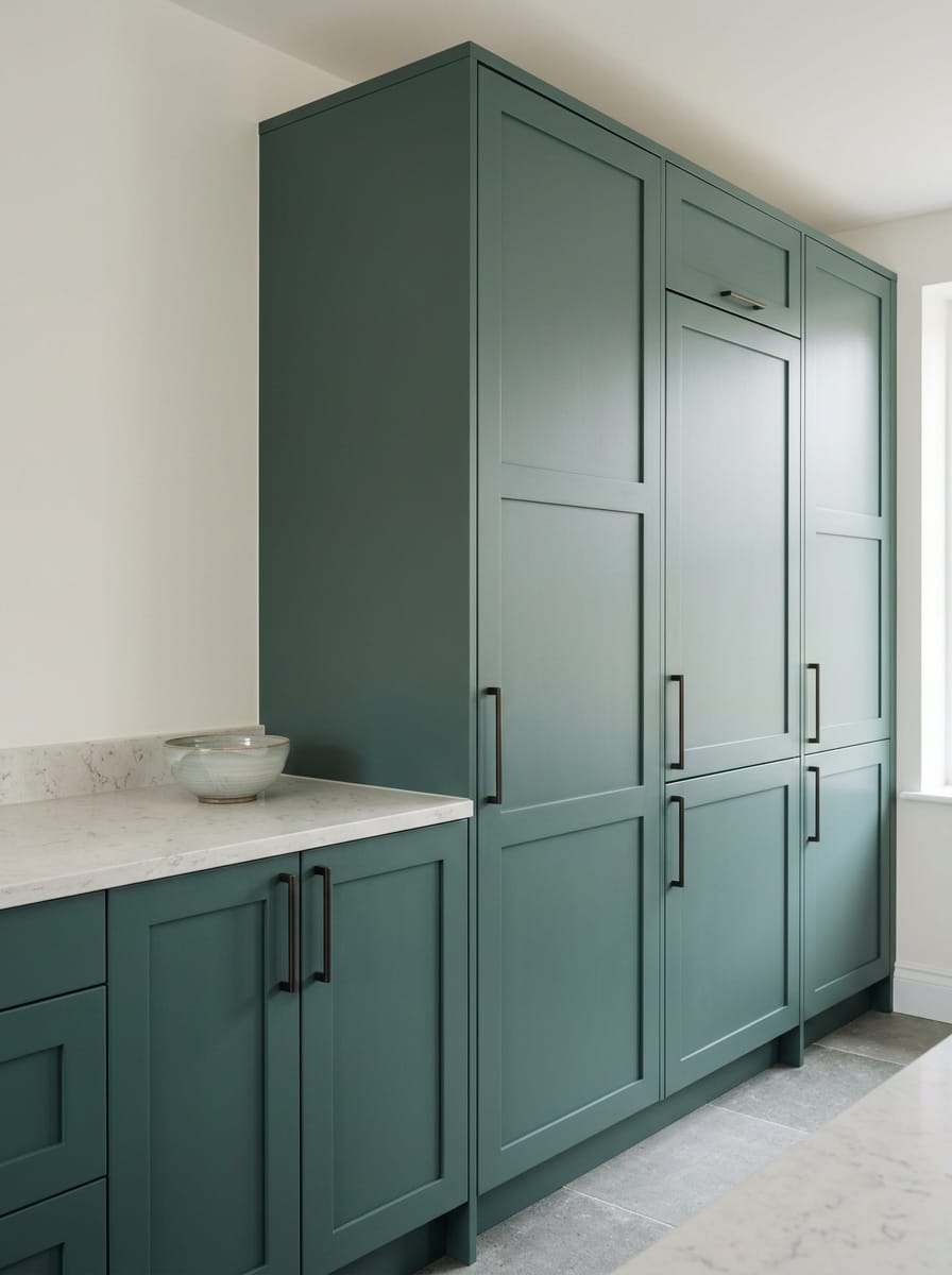 Tall view of full-height bespoke kitchen cabinetry, contemporary painted lay-on cabinetry