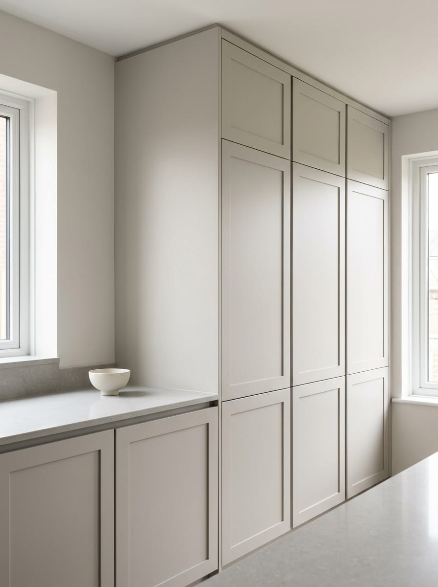 Tall view of full-height bespoke kitchen cabinetry, modern shaker cabinetry