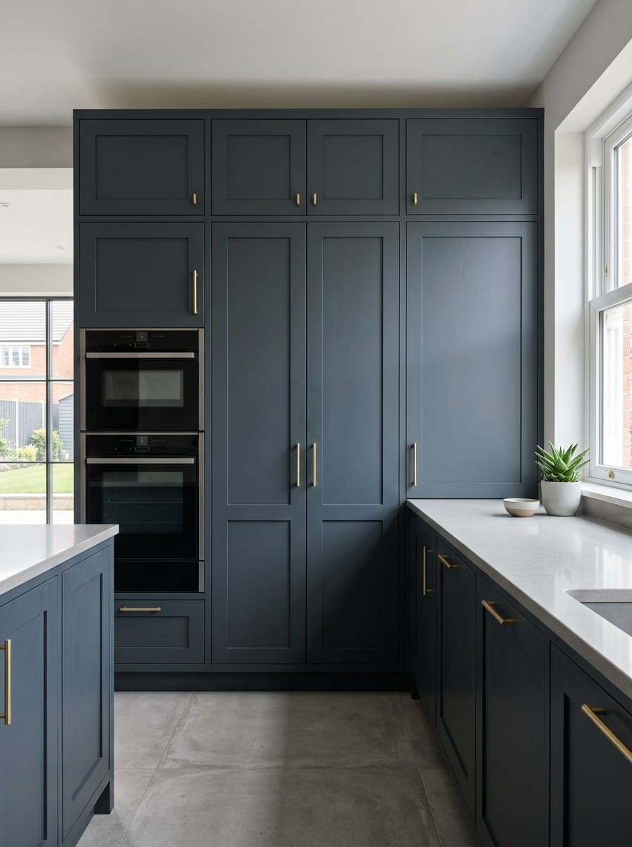 Tall view of full-height bespoke kitchen cabinetry, timber veneer slab-door cabinetry