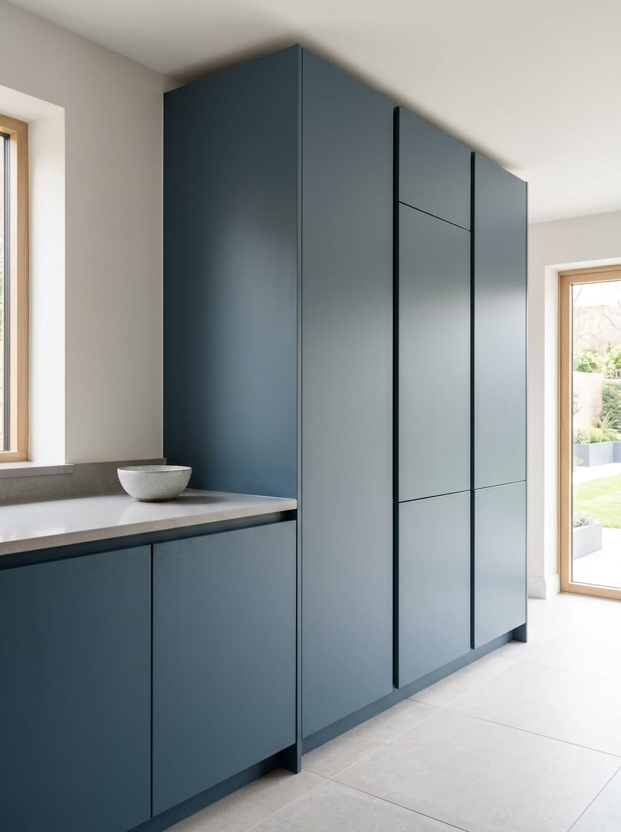 Tall view of full-height bespoke kitchen cabinetry, modern shaker cabinetry