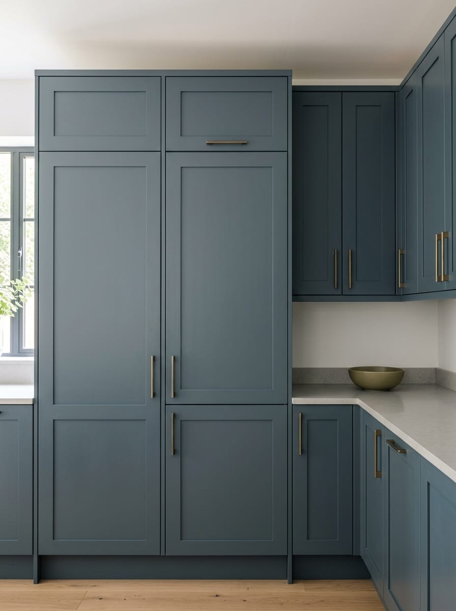 Tall view of full-height bespoke kitchen cabinetry, matt painted handleless slab cabinetry