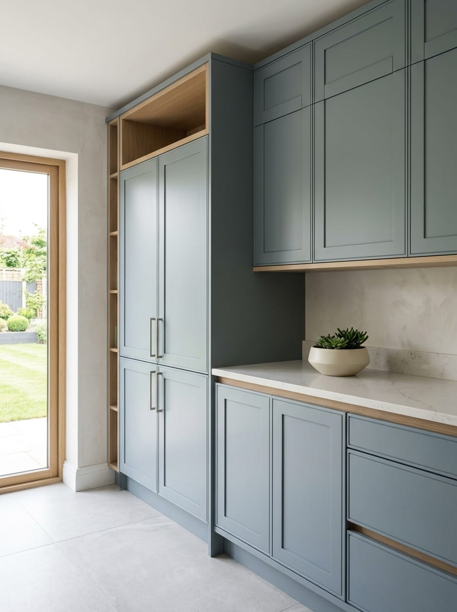 portrait1_600x800-240 Tall view of full-height bespoke kitchen cabinetry, matt painted handleless slab cabinetry