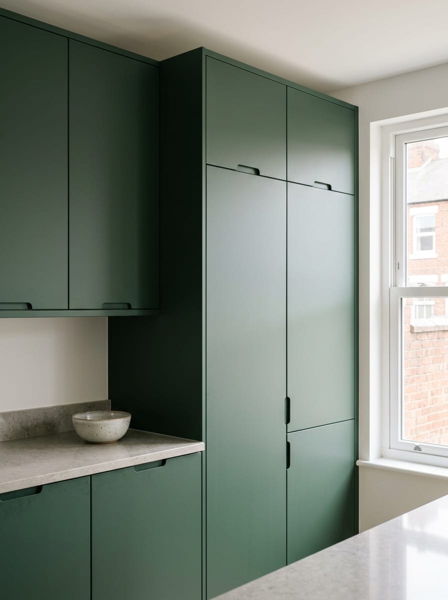 portrait1_600x800-241 Tall view of full-height bespoke kitchen cabinetry, matt painted handleless slab cabinetry