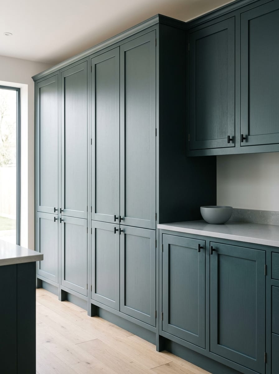 portrait1_600x800-242 Tall view of full-height bespoke kitchen cabinetry, matt painted handleless slab cabinetry