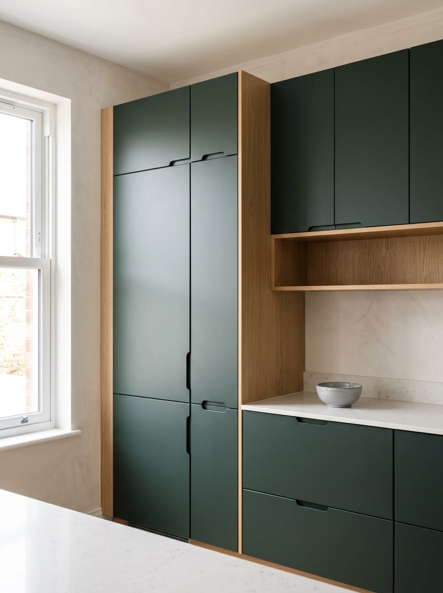 portrait1_600x800-244 Tall view of full-height bespoke kitchen cabinetry, matt painted handleless slab cabinetry