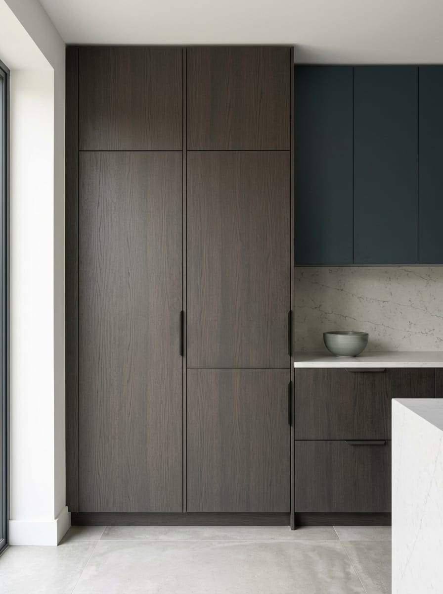 Tall view of full-height bespoke kitchen cabinetry, contemporary in-frame cabinetry