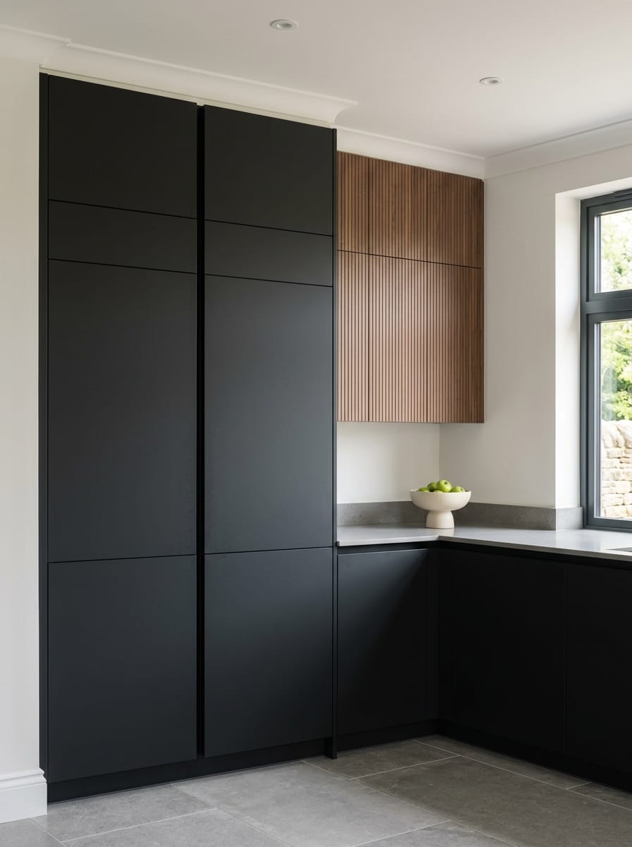 Tall view of full-height bespoke kitchen cabinetry, matt painted handleless slab cabinetry