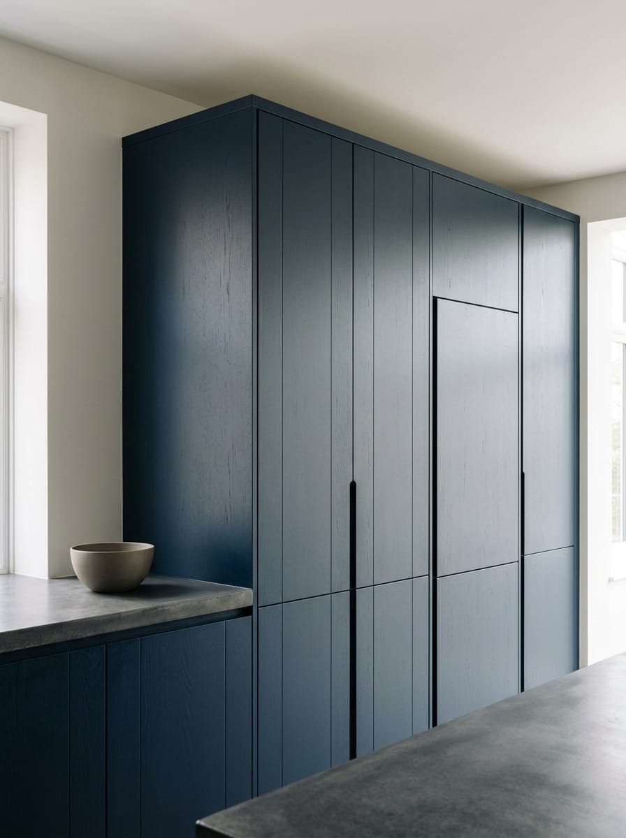 portrait1_600x800-247 Tall view of full-height bespoke kitchen cabinetry, matt painted handleless slab cabinetry