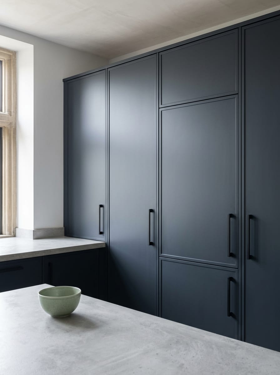 Tall view of full-height bespoke kitchen cabinetry, matt painted handleless slab cabinetry