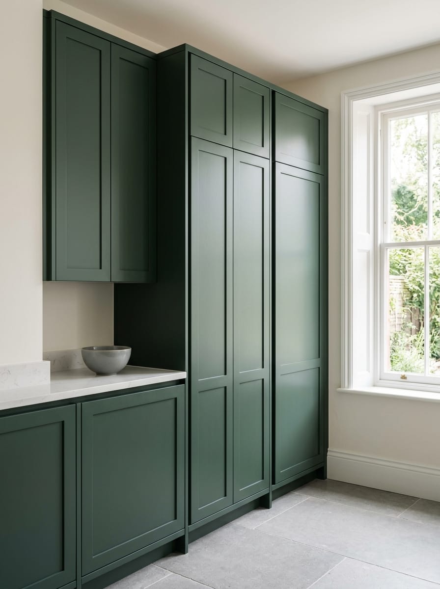 Tall view of full-height bespoke kitchen cabinetry, modern shaker cabinetry