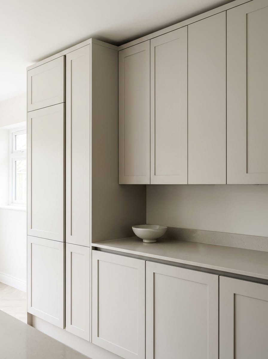 Tall view of full-height bespoke kitchen cabinetry, contemporary painted lay-on cabinetry