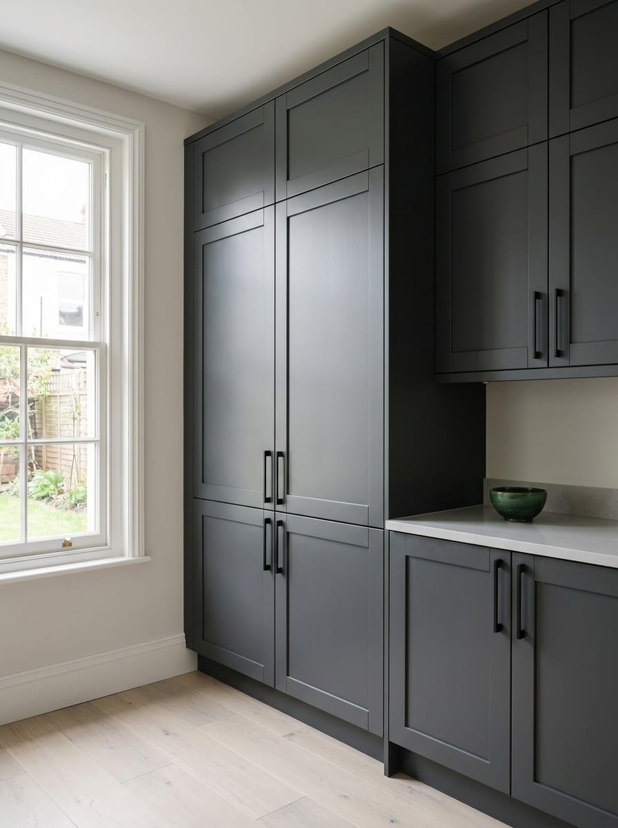 portrait1_600x800-252 Tall view of full-height bespoke kitchen cabinetry, contemporary painted lay-on cabinetry