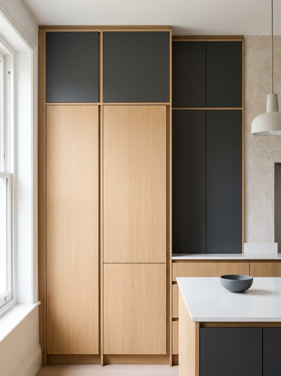 Tall view of full-height bespoke kitchen cabinetry, modern shaker cabinetry