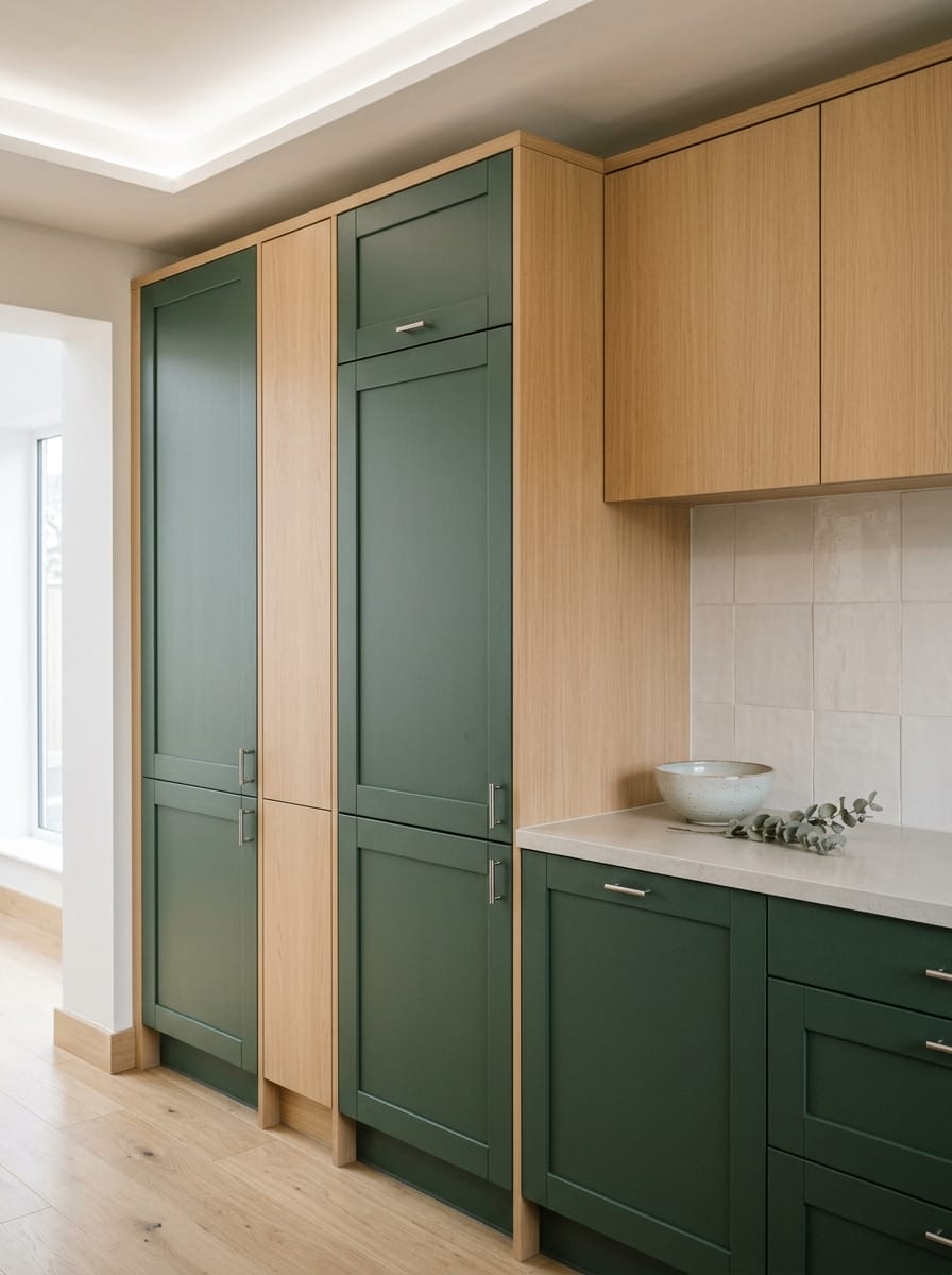 Tall view of full-height bespoke kitchen cabinetry, matt painted handleless slab cabinetry