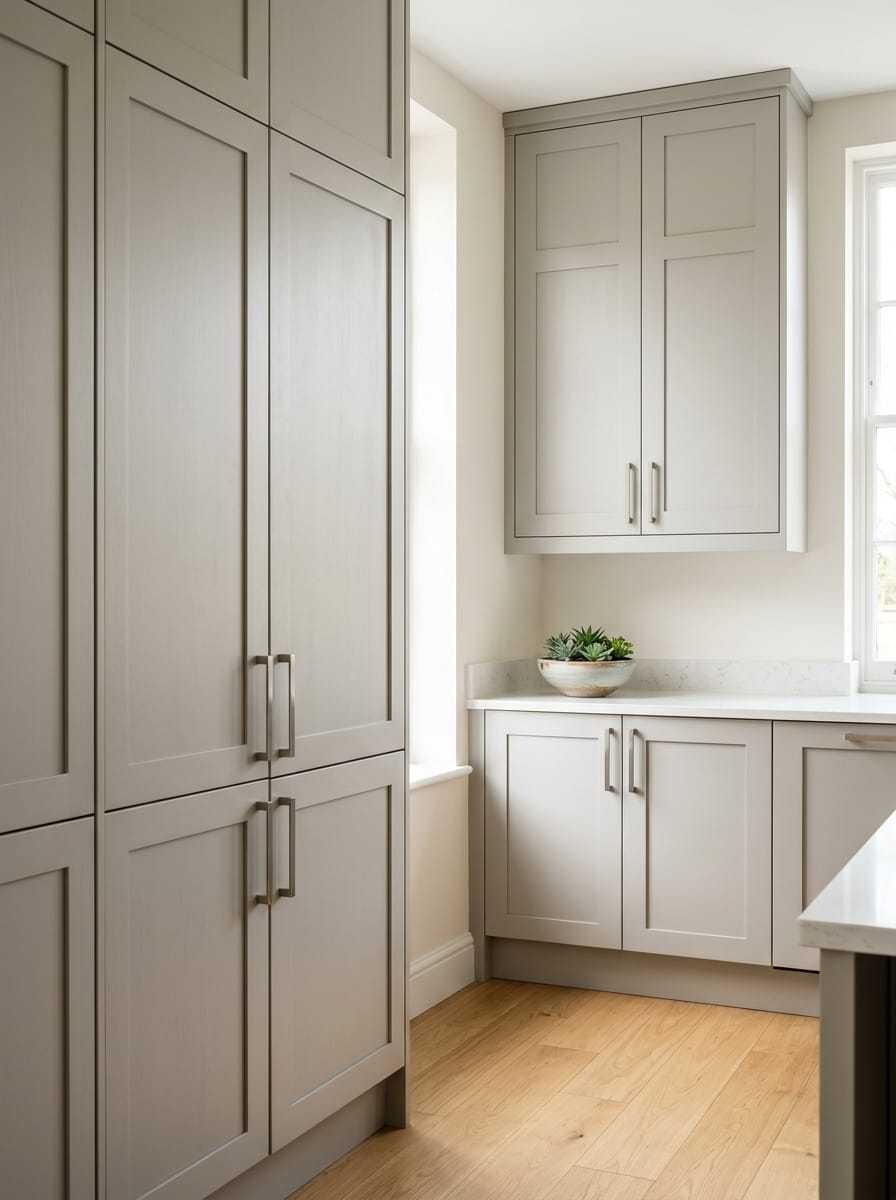 Tall view of full-height bespoke kitchen cabinetry, modern shaker cabinetry