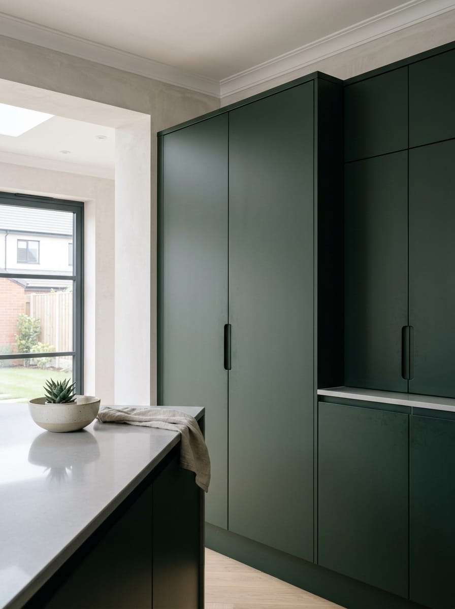 portrait1_600x800-256 Tall view of full-height bespoke kitchen cabinetry, matt painted handleless slab cabinetry